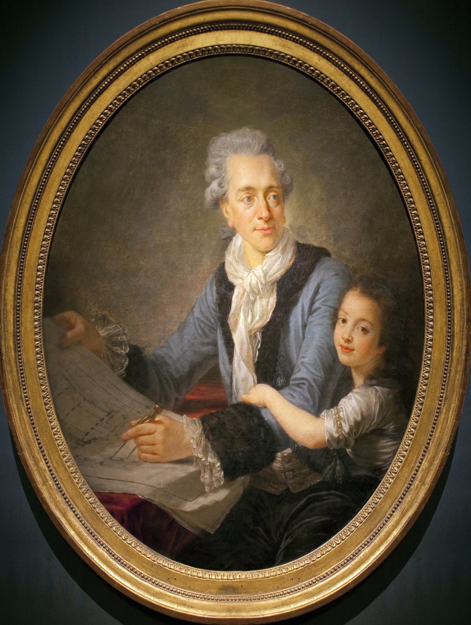 Portræt af Claude Nicolas Ledoux (1736-1806) med sin datter Adelaide. (Ledoux har planerne for huset til direktøren for industribyen Arc et Senans (Franche Comte), det ambitiøse program for denne ideelle by, som forblev ufærdig, af Antoine François Callet