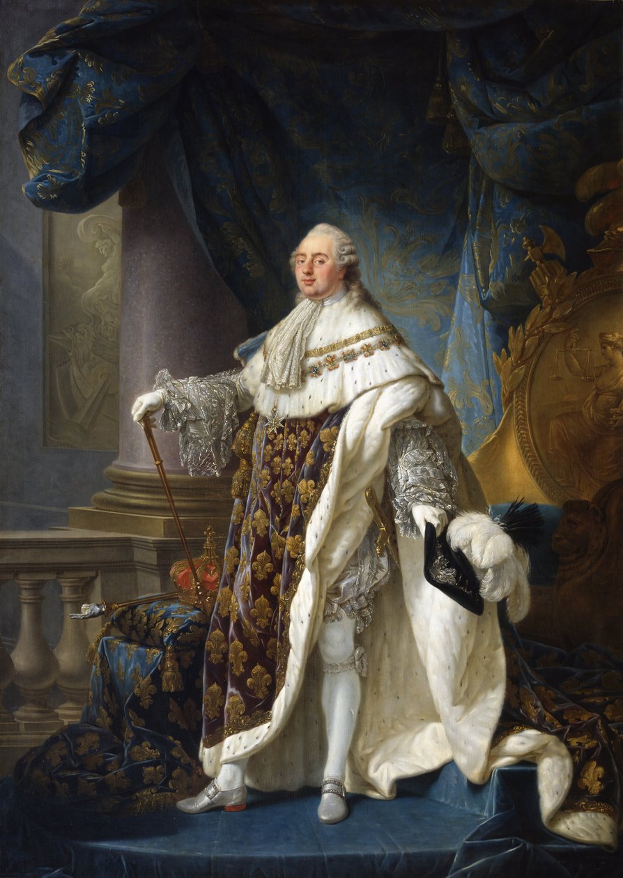 Fransk: Louis XVI, roi de France et de Navarre, revêtu du grand costume royal en 1779 Louis XVI, konge af Frankrig og Navarra, iført sit store kongelige kostume i 1779 af Antoine François Callet