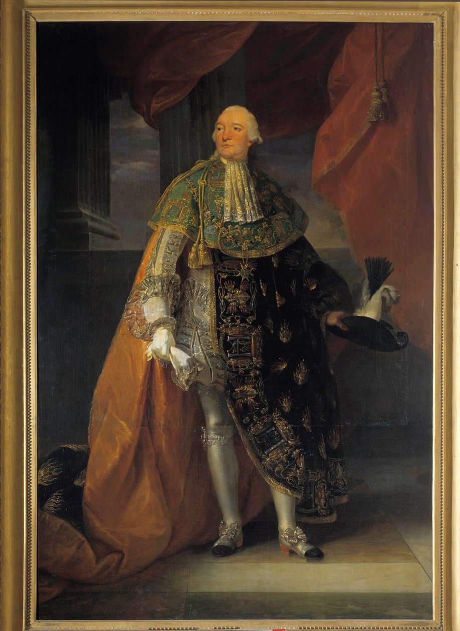 Portræt i fuld længde af Louis Philippe II Joseph, hertug af Orleans (1747-1793) kendt som Philippe Egalite i heldragt af Helligåndsordenen (Helligåndsordenen) Maleri af Antoine Francois (Antoine-Francois) Callet ( 1741-1823) af Antoine François Callet