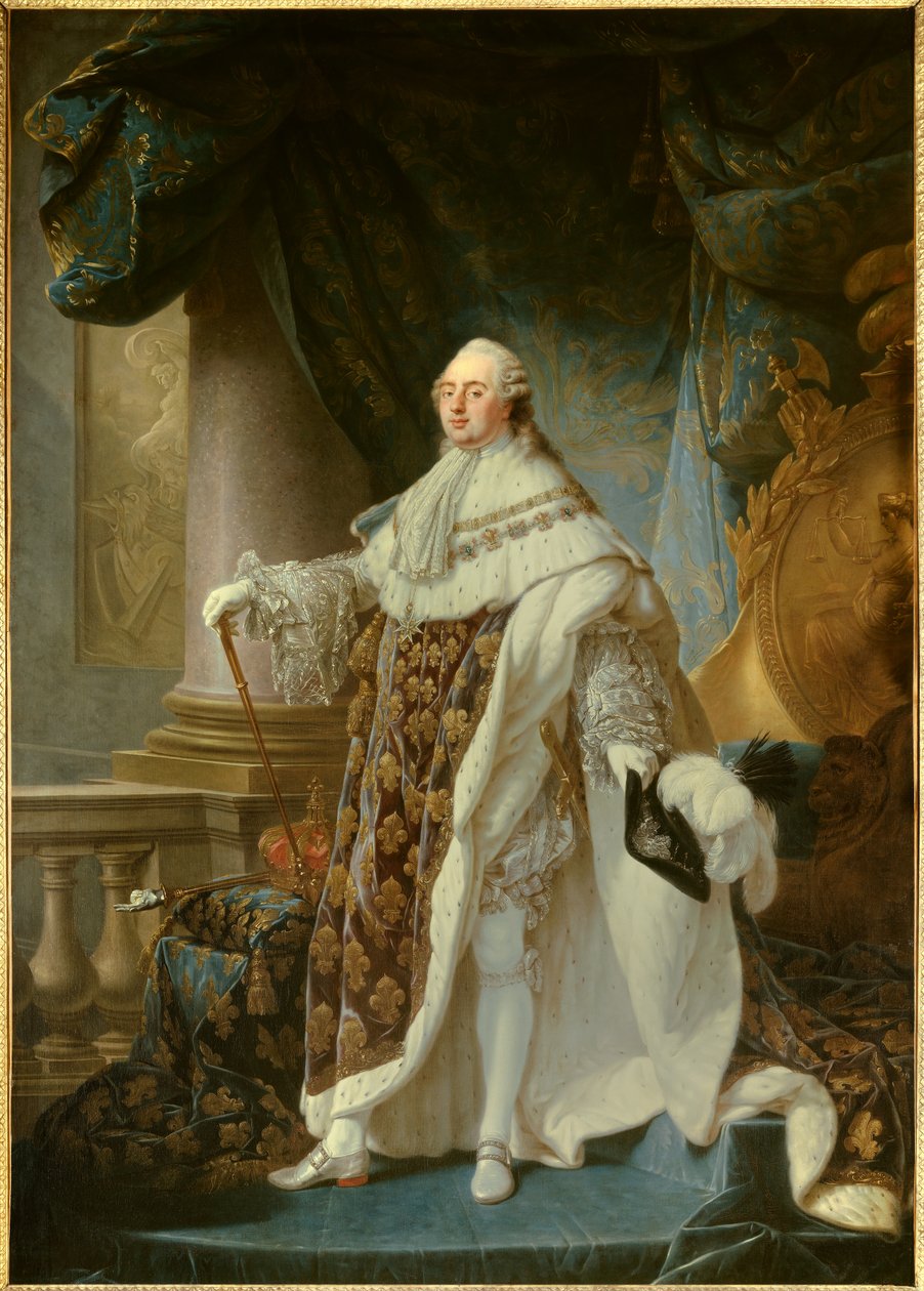 Portrait en pied du roi de France Louis XVI (1754-1793), iført den store kongelige dragt i 1779 Maleri af Antoine Francois (Antoine-Francois) Callet (1741-1823) 1779 Dim. 2,7x1,89 m - - Portræt af kongen af Frankrig Ludvig XVI (1754-1793) i hans kroning af Antoine François Callet