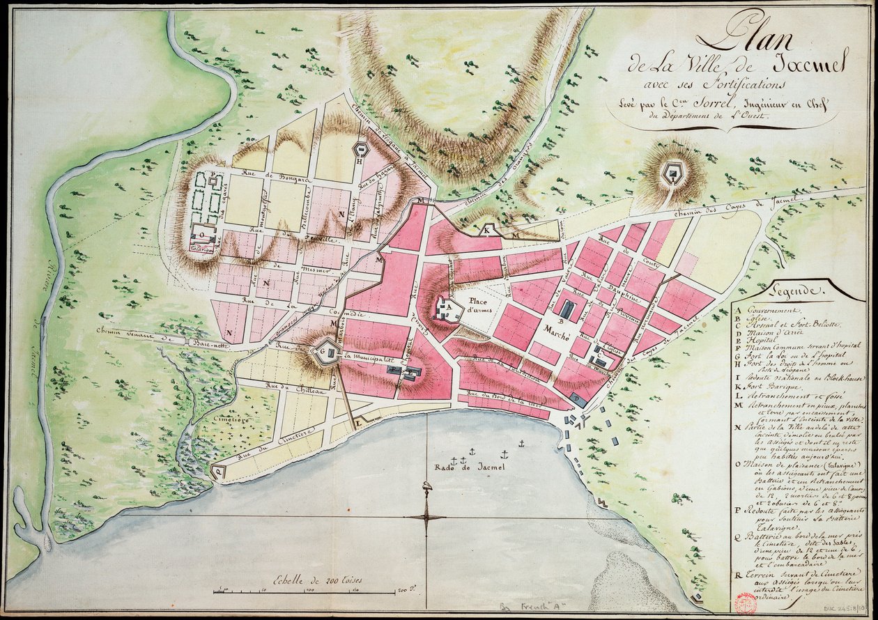 Plan over Jacmel by med befæstninger af Antoine François Sorrel des Rivieres