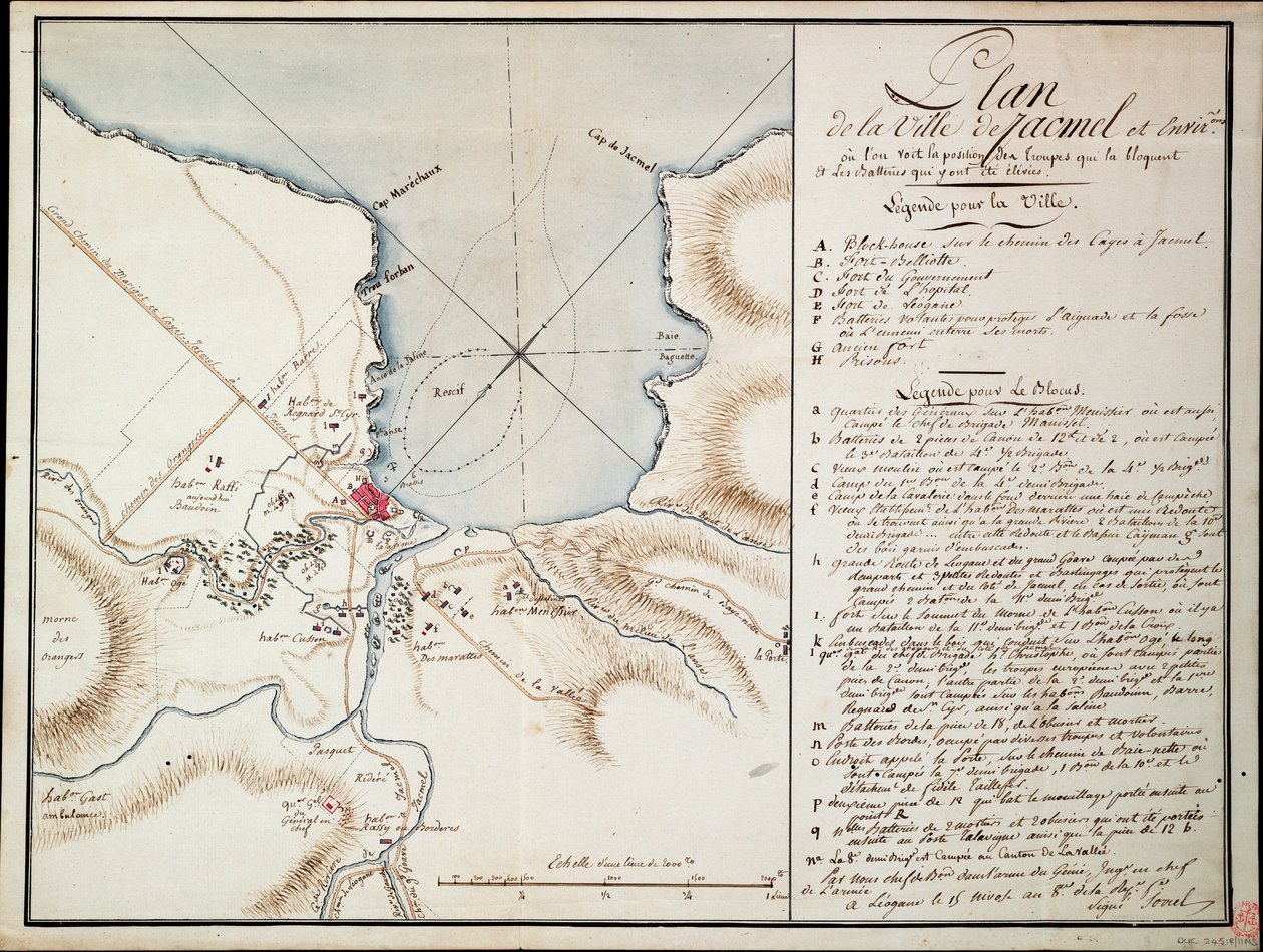 Omkring Jacmel, brugt til at angive linjer og stillinger, der blev besat under blokaden, og de batterier, der blev etableret for at opbygge det belejrede forsvar. af Antoine François Sorrel des Rivieres