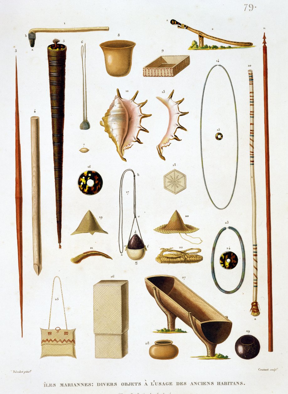 Husholdningsredskaber og våben fra Marianerne, fra Voyage autour du Monde (1817-20), af Louis Claude De Saulces de Freycinet (1779-1842) graveret af Jean Louis Denis Coutant (1776-1831), p. af Antoine Germain Bevalet