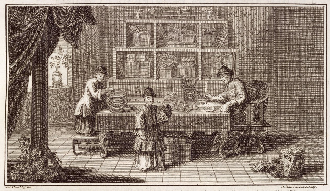 En kinesisk kalligrafibutik, fra en beretning om den hollandske ambassade i Kina, indgraveret af A. Maisonneuve, ca. 1670