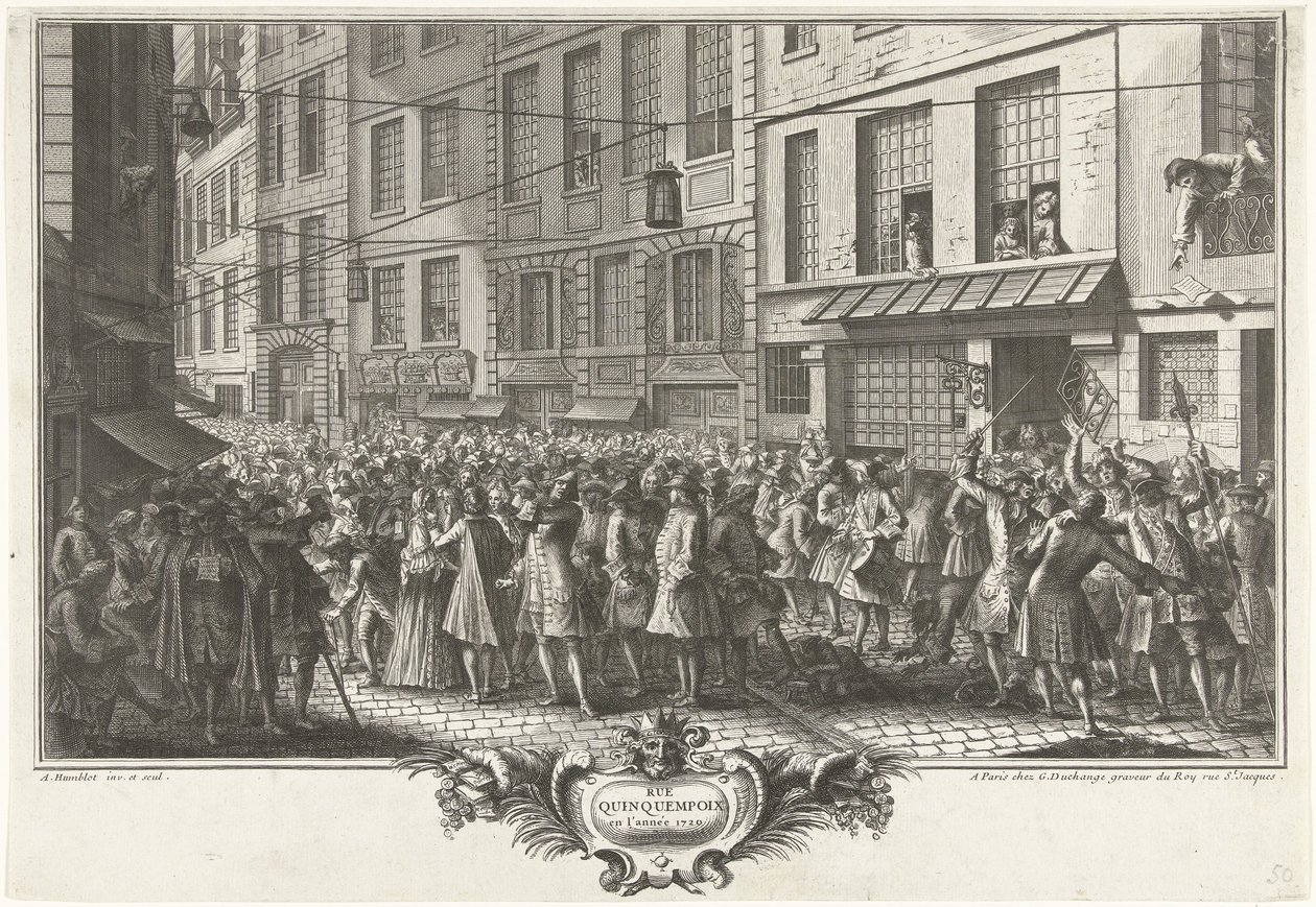 Fra Rue Quinquempoix, 1720 Rue Quinquempoix i år 1720 (titel på objekt) Het Groote Tafereel der Dwaasheid (serietitel) af Antoine Humblot