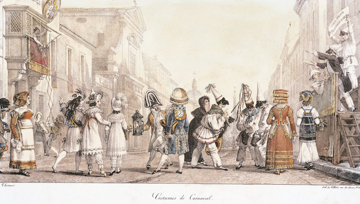 Karnevalskostumer, af Antoine-Jean-Baptiste Thomas (1791-1833), akvarel. Italien af Antoine Jean Baptiste Thomas