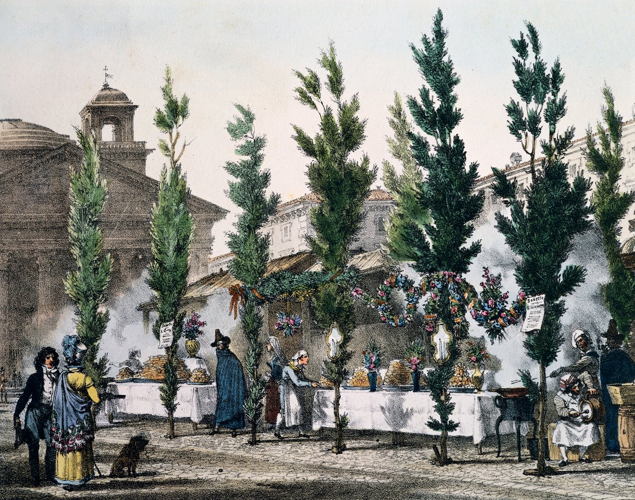 Frituregryder på Pantheon under St Joseph-festen, gravering af Antoine Jean-Baptiste Thomas (1791-1834) fra Un an a Rome et dans ses environs (Et år i Rom og omegn), Frankrig af Antoine Jean Baptiste Thomas