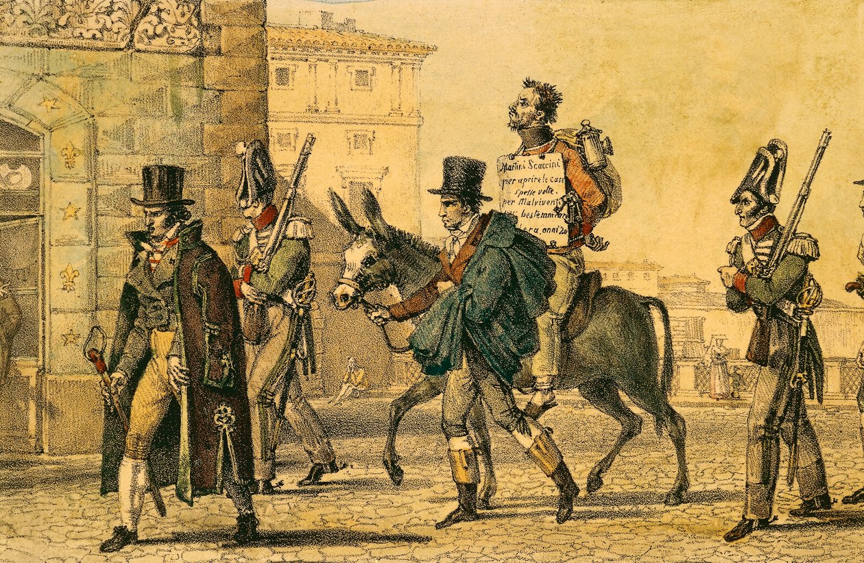 Straf, der involverede at blive ført gennem gaderne på æsel, litografi af Jean-Baptiste-Antoine Thomas (1791-1833) fra Un Rome af Antoine Jean Baptiste Thomas