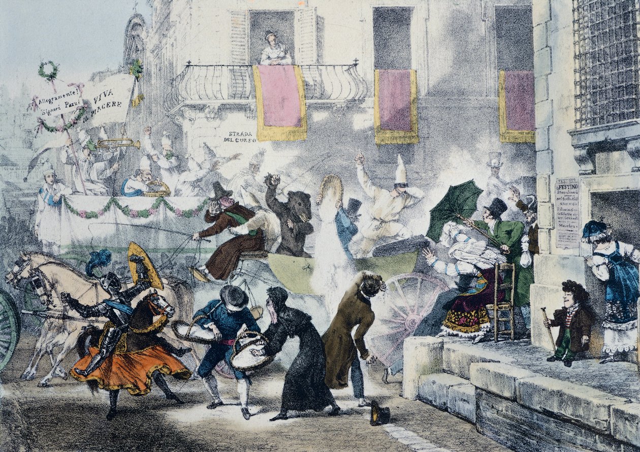 Kaster med konfetti under karnevallet i Rom, af Antoine-Jean-Baptiste Thomas (1791-1833), Italien af Antoine Jean Baptiste Thomas