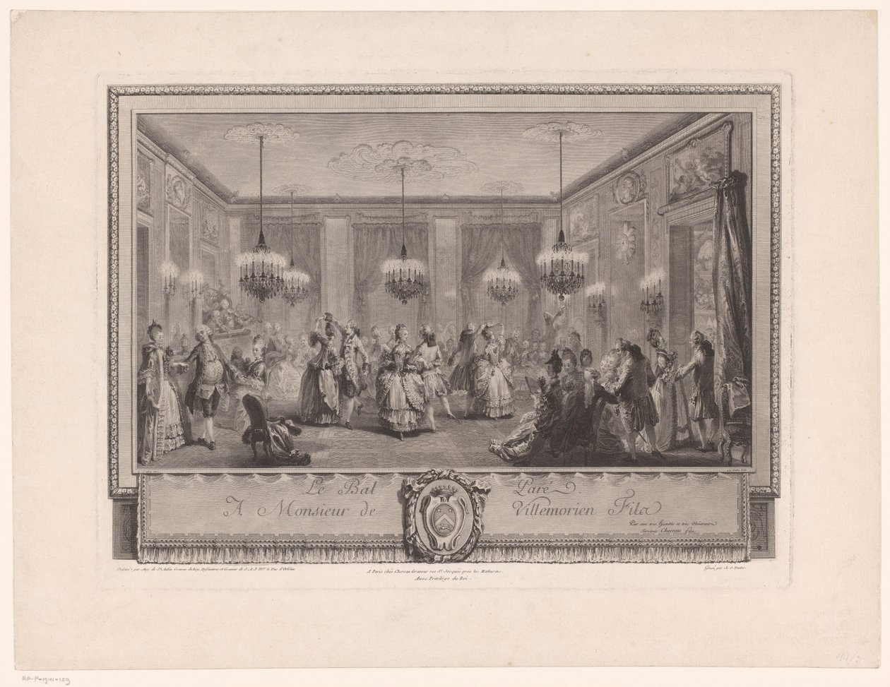 Marie Antoinette: The Queen of Fashion: Ball at the Home of Monsieur de Villemorien Festsal med dansende par Le Bal Paré (titel på objekt) af Antoine Jean Duclos