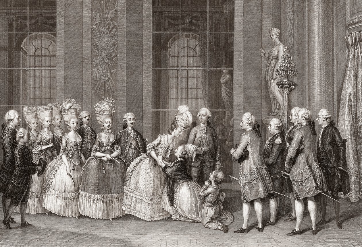 Marie Antoinette besøgt af Bellegarde familie. (Print) af Antoine Jean Duclos