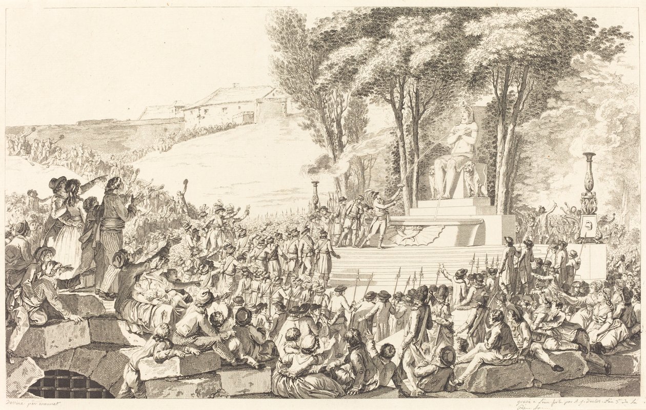 Fornyelsesfontænen på affaldet af Bastillen, 10. april 1793 af Antoine Jean Duclos after Charles Monnet