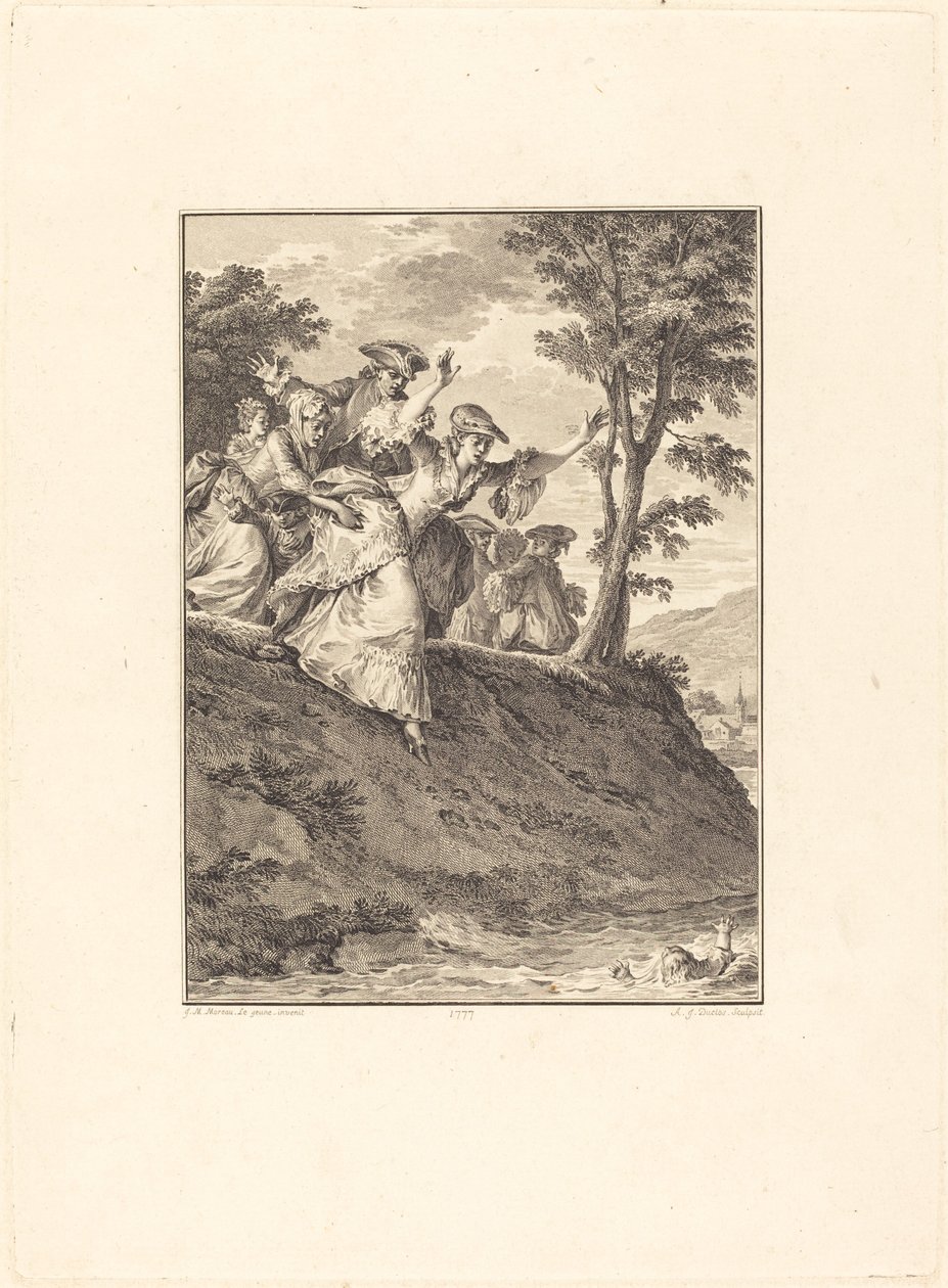 Hun skynder sig efter ham af Antoine Jean Duclos after Jean Michel Moreau