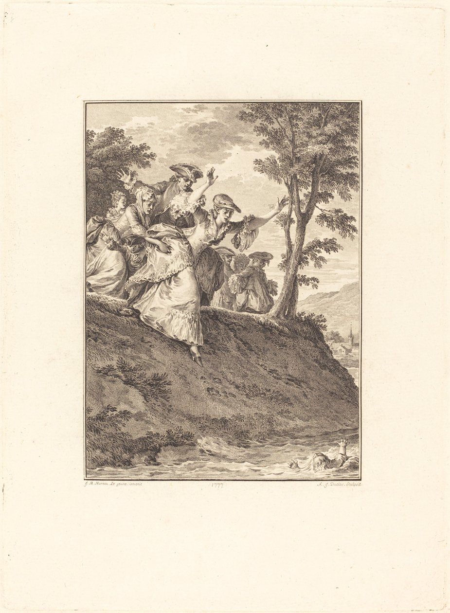 Hun skynder sig efter ham af Antoine Jean Duclos after Jean Michel Moreau