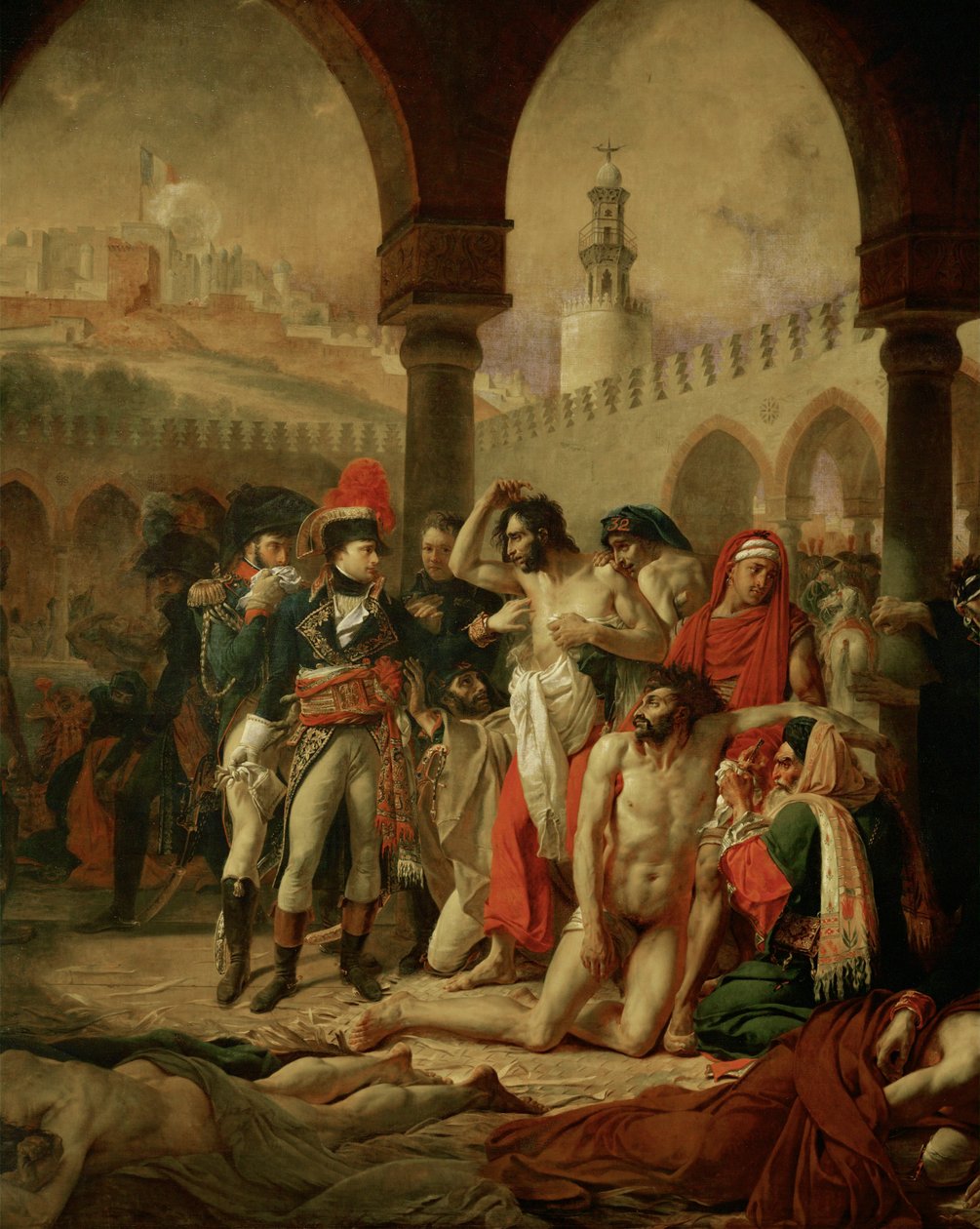 Kejser Napoleon I Bonaparte besøger de pestramte i Jaffa, fulgt af sine generaler Berthier og Bessieres ... af Antoine Jean Gros