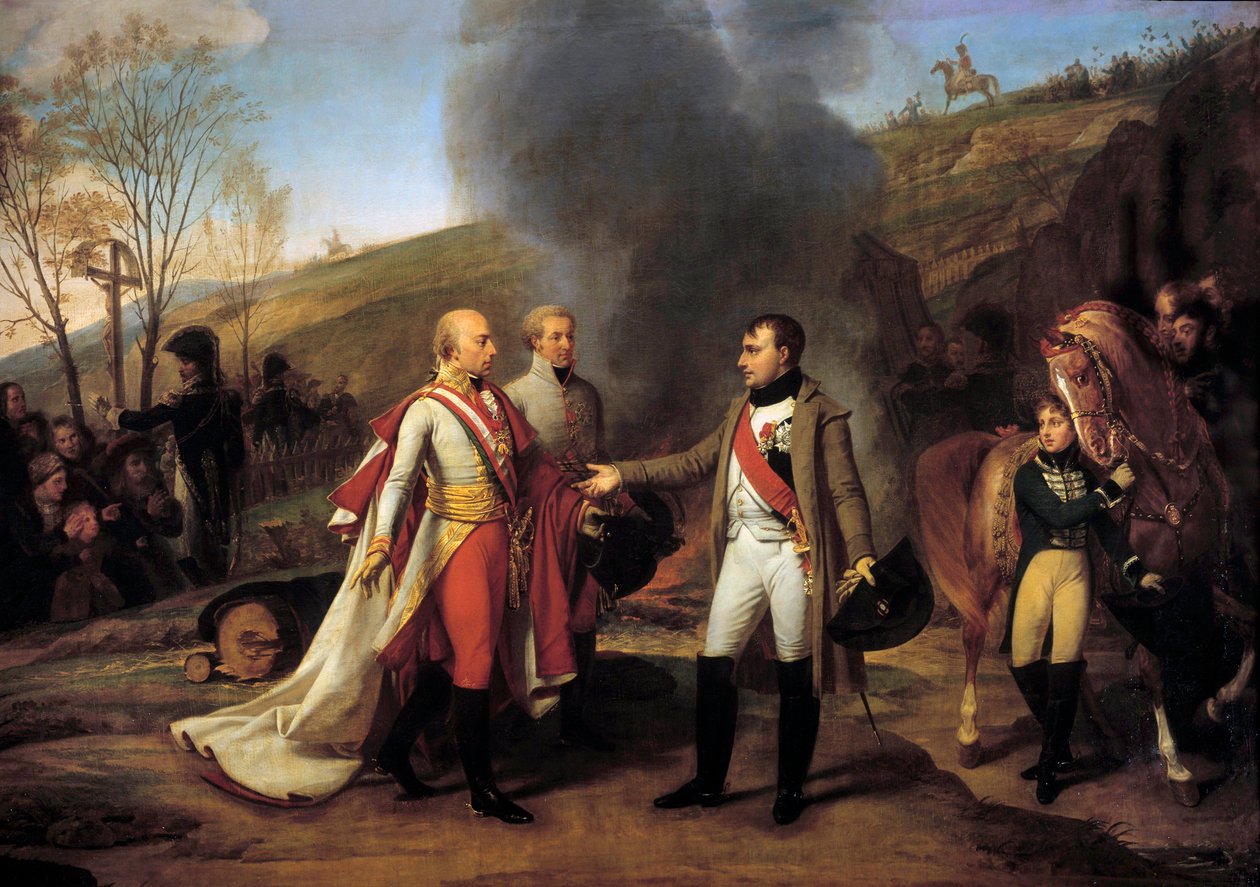 Interview af Napoleon I (1769-1821) og Francois II (1768-1835) i Sarutschitz i Mähren efter slaget ved Austerlitz, 4/12/1805 Efterladt Francois II, John I of Liechtenstein (1760-1836). Maleri af Antoine Jean Gros (1771-1835). 19. århundrede. Svag. af Antoine Jean Gros