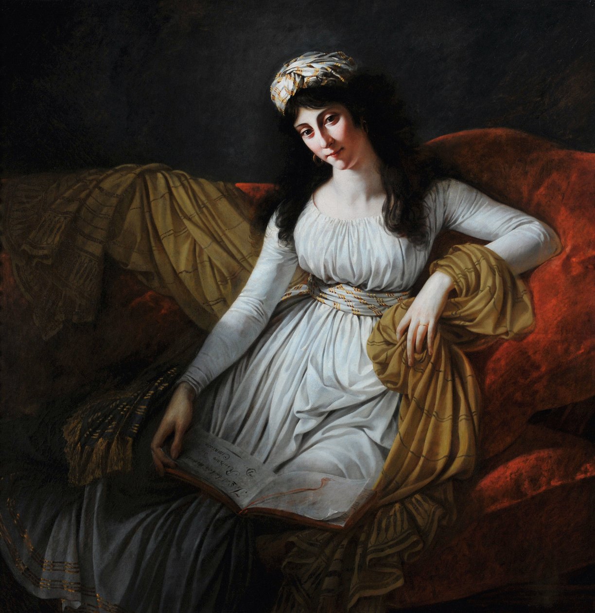 Portræt af Madame Fravega (indskrift på bogen "In qual barbaro momento recitativo af D. Cimarosa") (olie på lærred) af Antoine Jean Gros