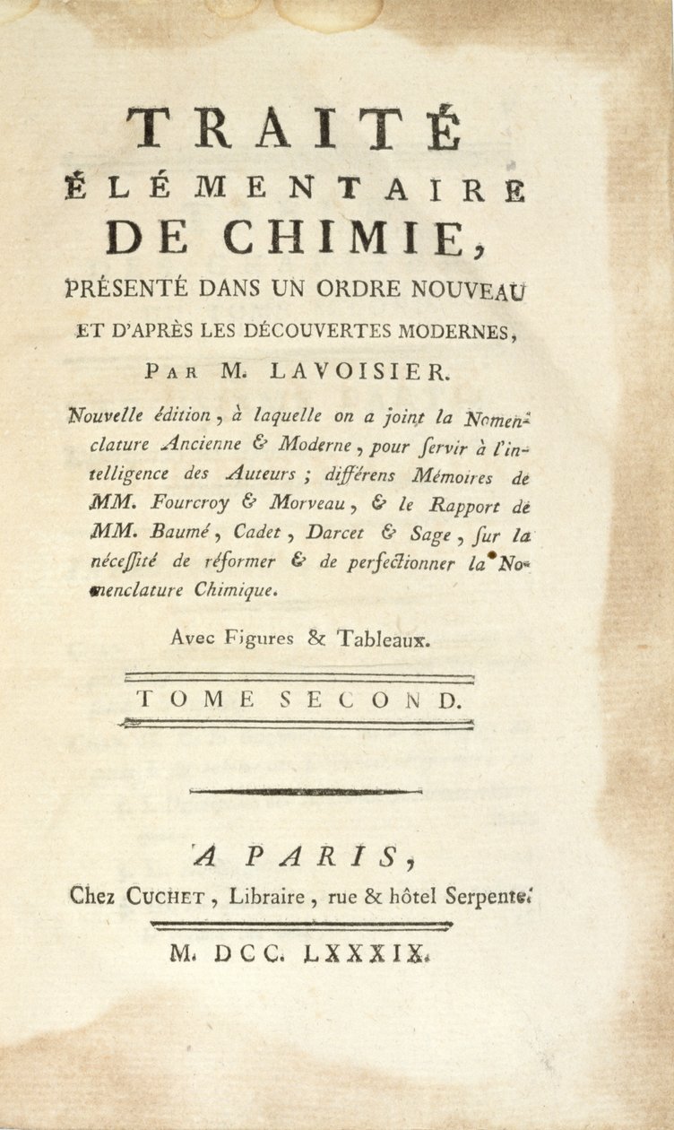 Titelblad for Traite Elementaire de Chimie, Tome II, udgivet i Paris, 1789 (tryk) af Antoine Laurent de Lavoisier