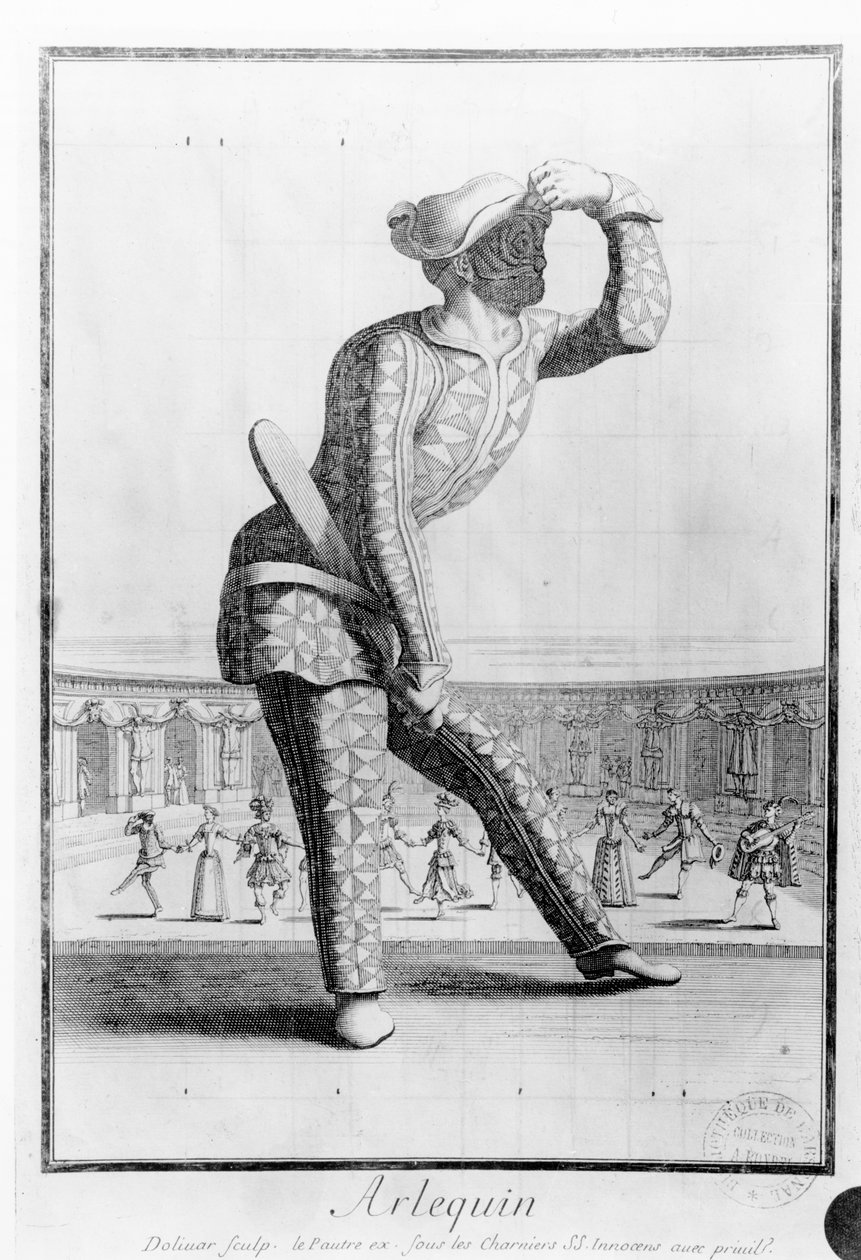 Harlekin, graveret af Juan Dolivar (1641-92) af Antoine Le Pautre