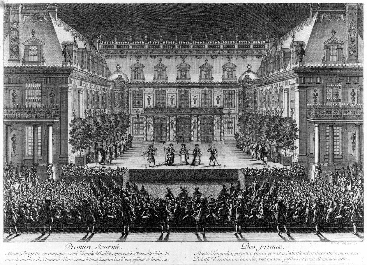 Repræsentation, i marmorgården til slottet i Versailles, af "Alceste" af Jean Baptiste Lully (Giovanni Battista Lulli) (1632-1687) til festlighederne i anledning af genoplivningen af Franche Comte (1674). Gravering af Le Pautre (16 af Antoine Le Pautre