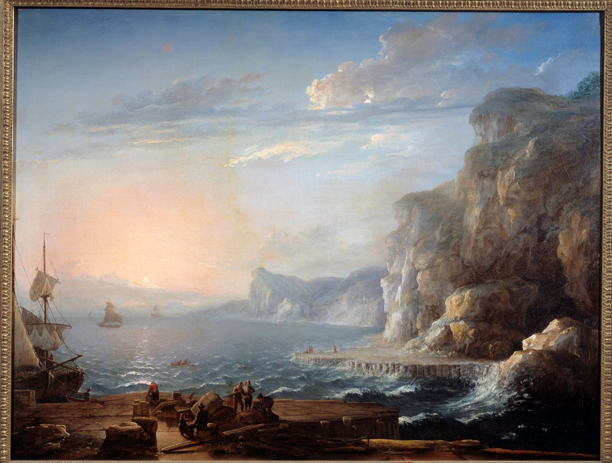 Solnedgang Et landskab af klipper og klipper på havet, med fiskere i forgrunden. Maleri af Antoine Lebel (1705-1793) 1700-tallet søn. 0,9x1,16 m Rouen, musee des Beaux Arts af Antoine Lebel