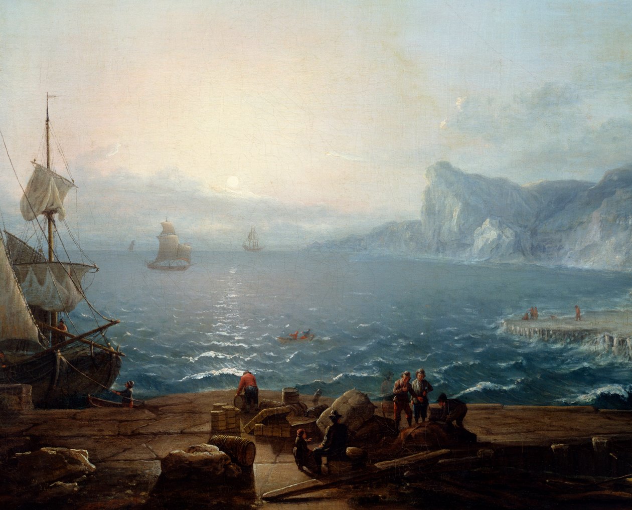 Solnedgang Et landskab af klipper og klipper på havet, med fiskere i forgrunden. Detalje. Maleri af Antoine Lebel (1705-1793) 1700-tallet søn. 0,9x1,16 m Rouen, musee des Beaux Arts af Antoine Lebel