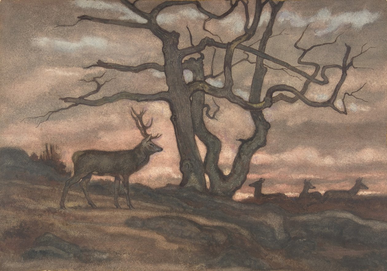 Hjort og træ mod solnedgang, 1810-75. af Antoine Louis Barye