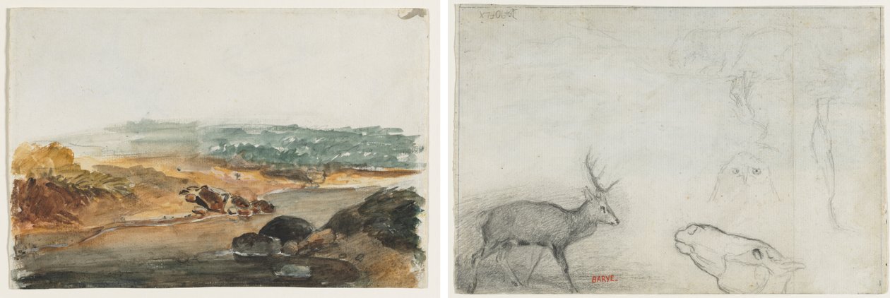 Landskab (rekto); Studier af dyr (verso) af Antoine Louis Barye