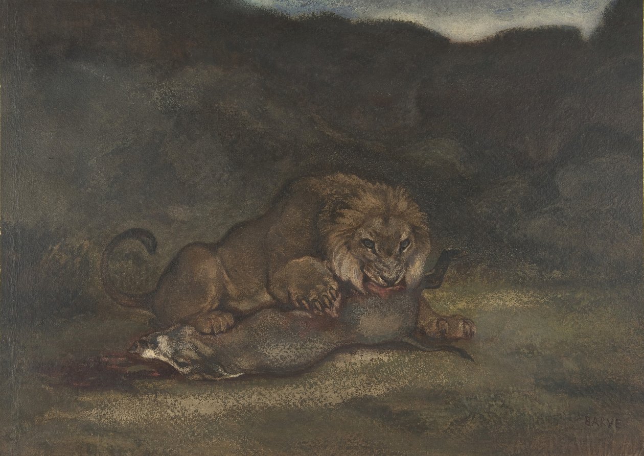 Løve fortærende bytte, 1810-75. af Antoine Louis Barye