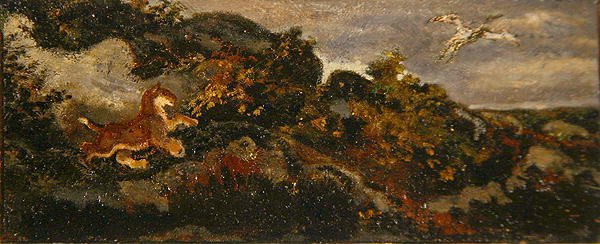 Panther Chasing a Stork (olie på papir monteret på masonit) af Antoine Louis Barye