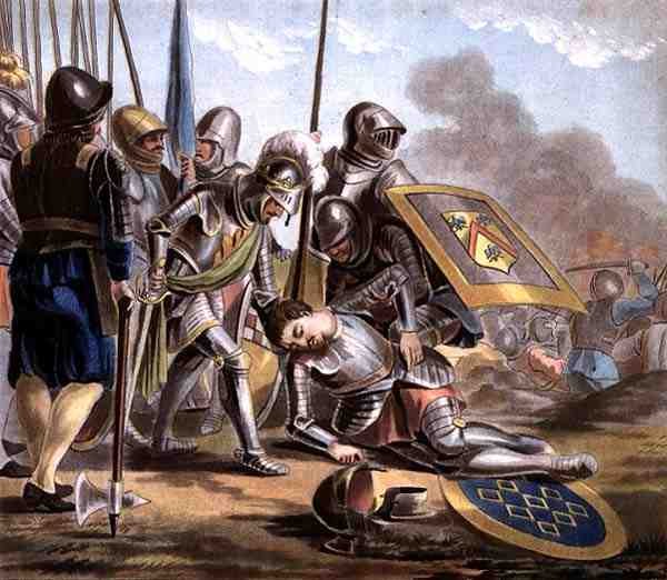 Carcados død, graveret af Jean Baptiste Morret (fl. 1790-1820) 1788 (farvet gravering) af Antoine Louis Francois (after) Sergent Marceau