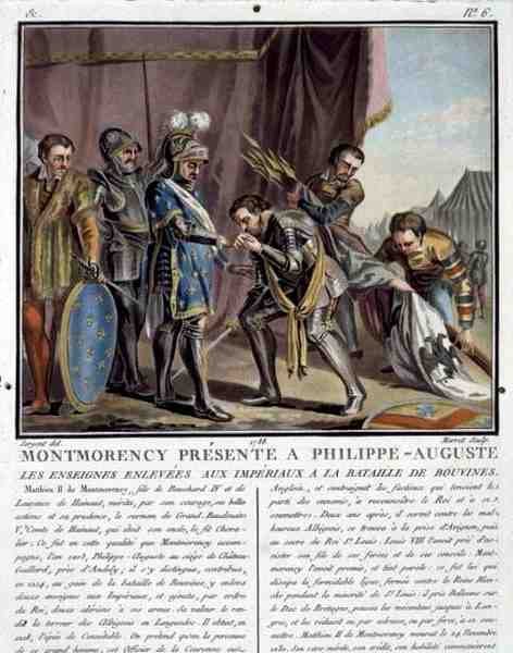 Montmorency præsenteret for Philip Augustus (1165-1223) Efter slaget ved Bouvines, indgraveret af Jean Baptiste Morret (fl. 1790-1820) af Antoine Louis Francois (after) Sergent Marceau