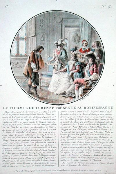 Viscounten af Turenne (1611-75) præsenteres for kong Filip IV (1605-65) af Spanien, indgraveret af L. Roger af Antoine Louis Francois (after) Sergent Marceau