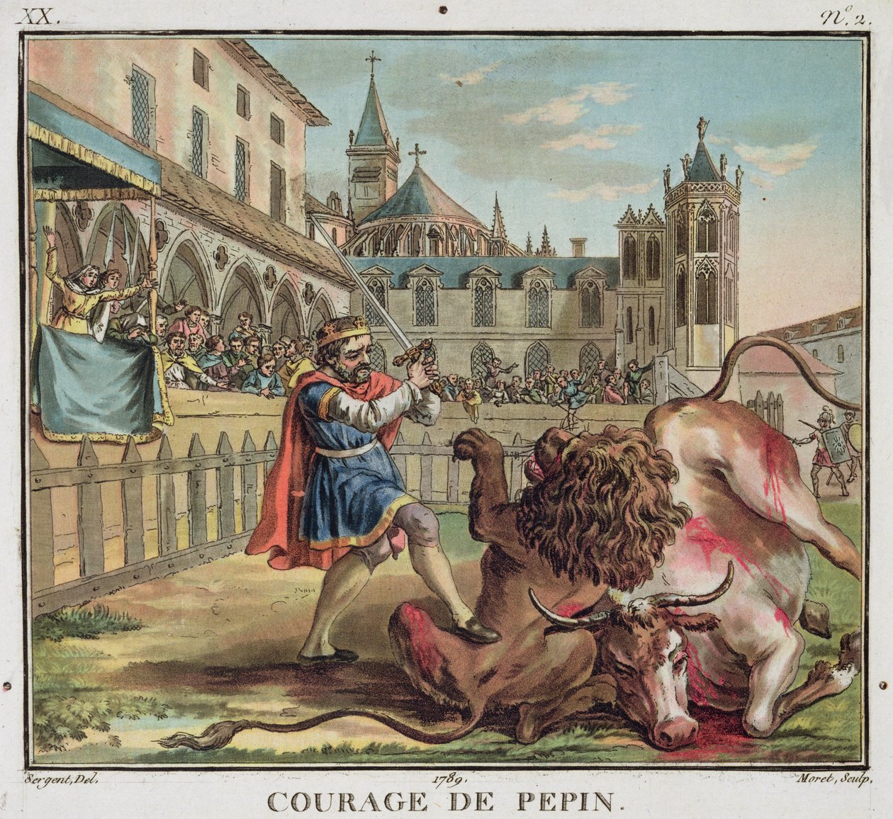 The Courage of Pepin (714-68), graveret af Jean Baptiste Morret (fl. 1790-1820) 1789 (farvet stik) af Antoine Louis Francois (after) Sergent Marceau