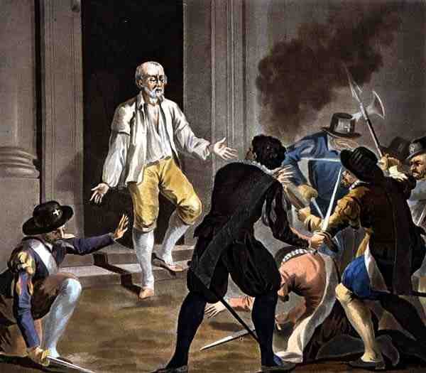 Gaspard de Colignys død, indgraveret af Jean Baptiste Morret (fl.1790-1820) 1788 (farvet stik) af Antoine Louis Francois (after) Sergent Marceau