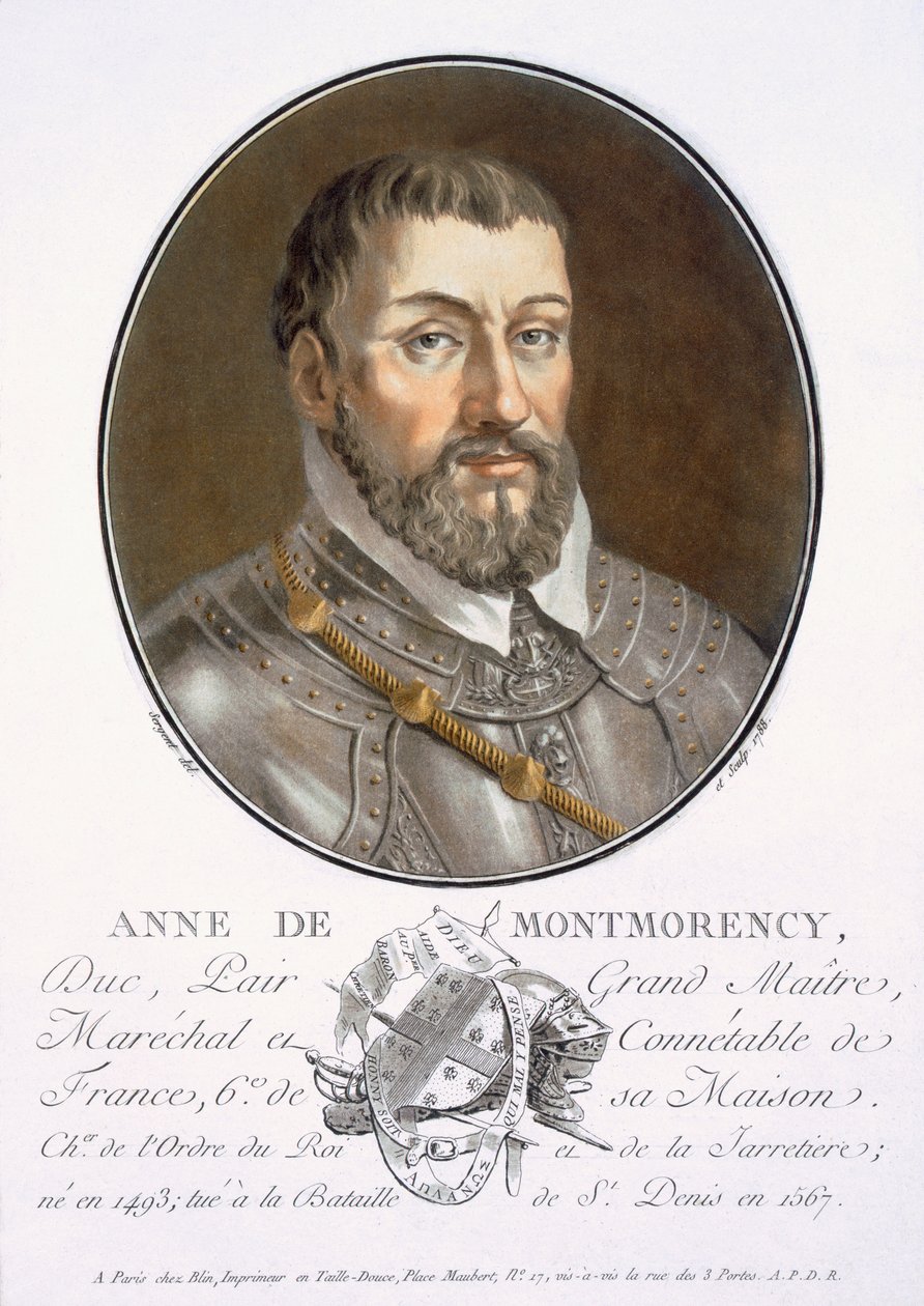 Anne de Montmorency, fra Portraits des grands hommes, femmes illustres, et sujets memorables de France, grave et imprimes en couleurs, udgivet af Pierre Blin, 1786-92, Paris (farvestik) af Antoine Louis Francois Sergent-Marceau