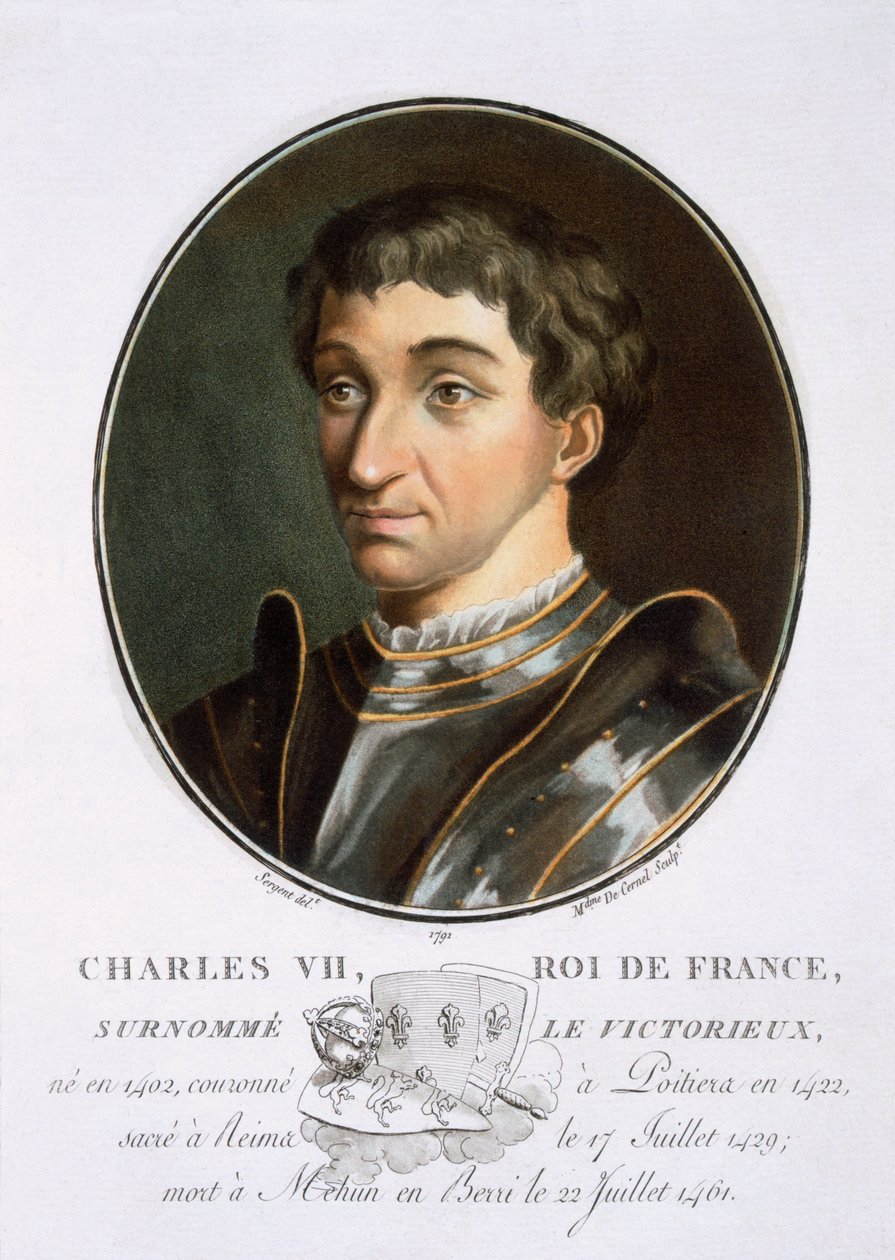 Charles VII, fra Portrætter af store mænd, berømte kvinder og mindeværdige motiver fra Frankrig, indgraveret og trykt i farver, udgivet af Pierre Blin, 1786-92, Paris (farvegravering) af Antoine Louis Francois Sergent Marceau