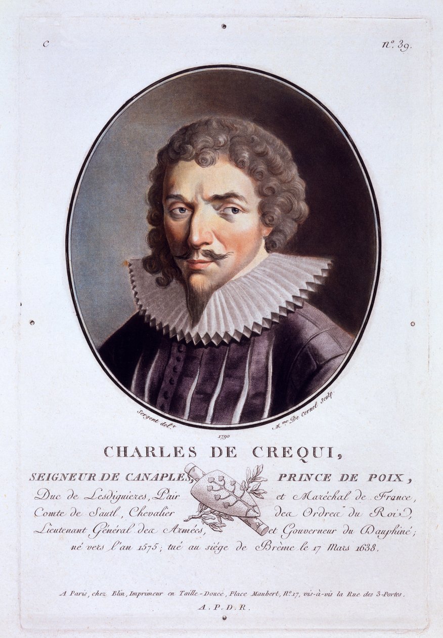 Charles de Crequi, fra Portrætter af store mænd, berømte kvinder og mindeværdige motiver fra Frankrig, indgraveret og trykt i farver, udgivet af Pierre Blin, 1786-92, Paris (farvegravering) af Antoine Louis Francois Sergent Marceau