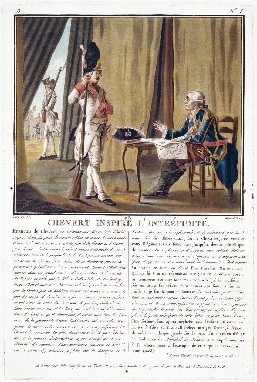 Francois Chevert (1695-1769) inspirerer mod, indgraveret af Jean Baptiste Morret (fl.1790-1820), 1789 af Antoine Louis Francois Sergent Marceau