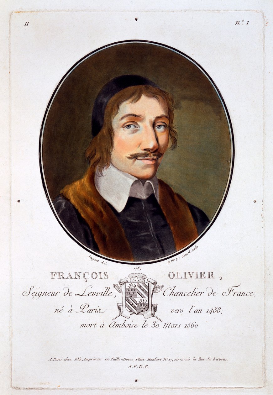 Francois Olivier Seigneur de Leuville, fra Portrætter af store mænd, berømte kvinder og mindeværdige motiver fra Frankrig, indgraveret og trykt i farver, udgivet af Pierre Blin, 1786-92, Paris (colo af Antoine Louis Francois Sergent Marceau
