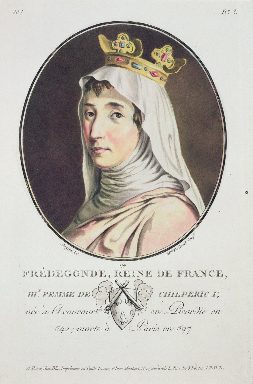 Fredegonde, dronning af frankerne, fra portrætter af store mænd, lyse kvinder og mindeværdige emner i Frankrig, indgraveret og trykt i farver, udgivet af Pierre Blin, 1786-92, Paris (farvet e. af Antoine Louis Francois Sergent Marceau