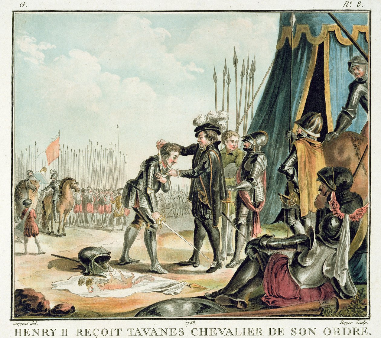 Henri II (1519-59) modtager Jean de Tavanes som ridder i sin orden, indgraveret af Roger, 1788 af Antoine Louis Francois Sergent Marceau