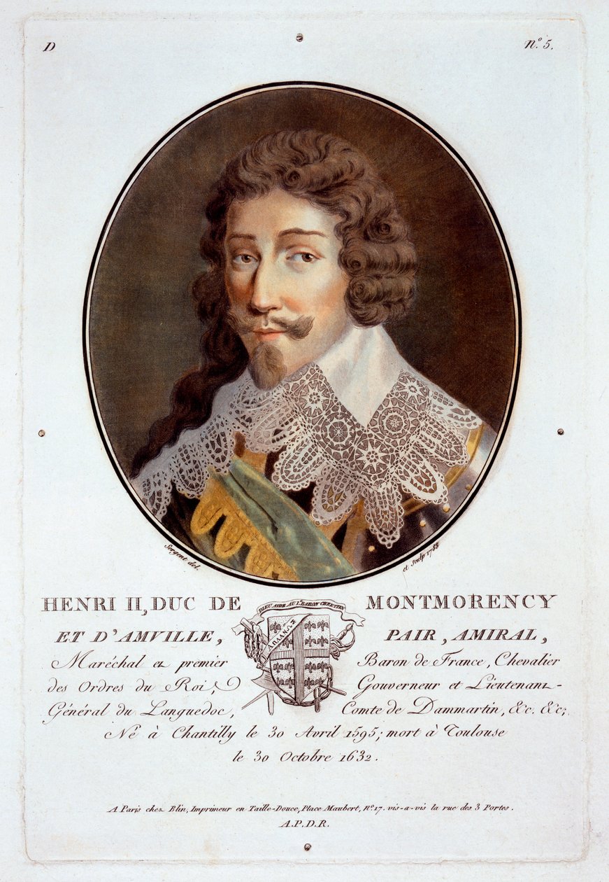 Henri II, Duc de Montmorency et dAmville, fra Portrætter af store mænd, berømte kvinder og mindeværdige motiver fra Frankrig, indgraveret og trykt i farver, udgivet af Pierre Blin, 1786-92, Paris (ca. af Antoine Louis Francois Sergent Marceau