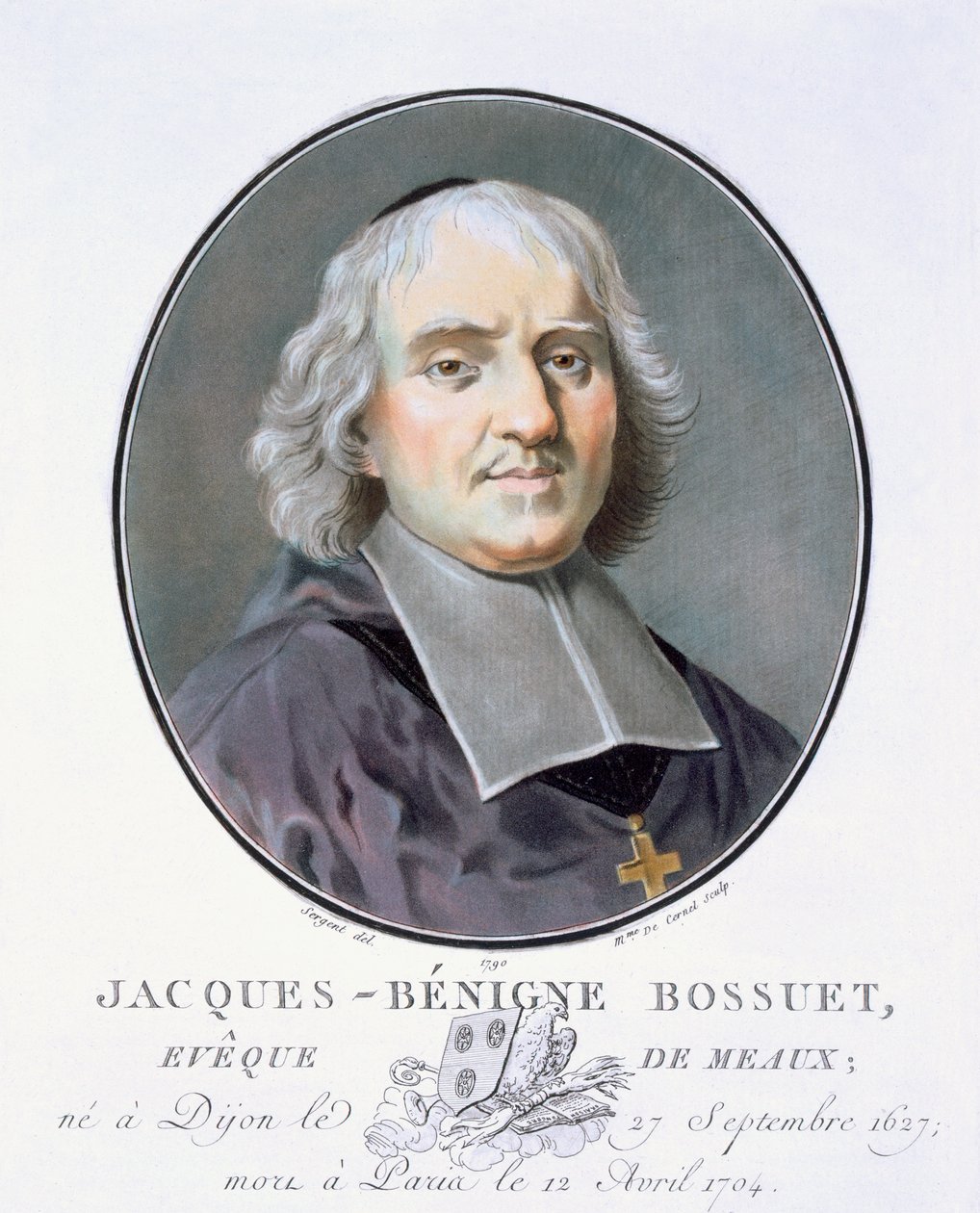 Jacques = Benigne Bossuet, fra Portrætter af store mænd, berømte kvinder og mindeværdige motiver fra Frankrig, indgraveret og trykt i farver, udgivet af Pierre Blin, 1786-92, Paris (farvegravering) af Antoine Louis Francois Sergent Marceau
