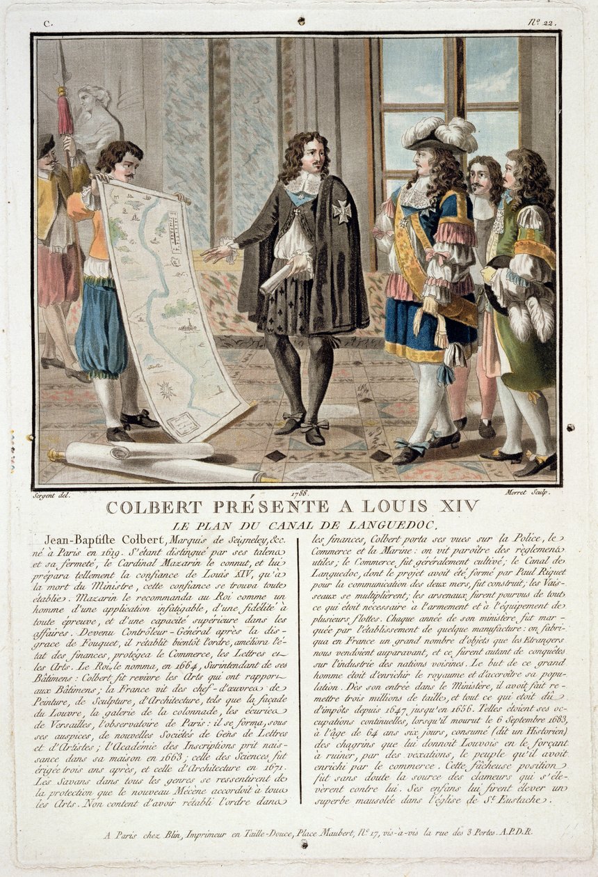 Jean Baptiste Colbert (1619-83) præsenterer kortet over Canal du Languedoc til Louis XIV, indgraveret af Jean Baptiste Morret (fl.1790-1820), 1788 af Antoine Louis Francois Sergent Marceau