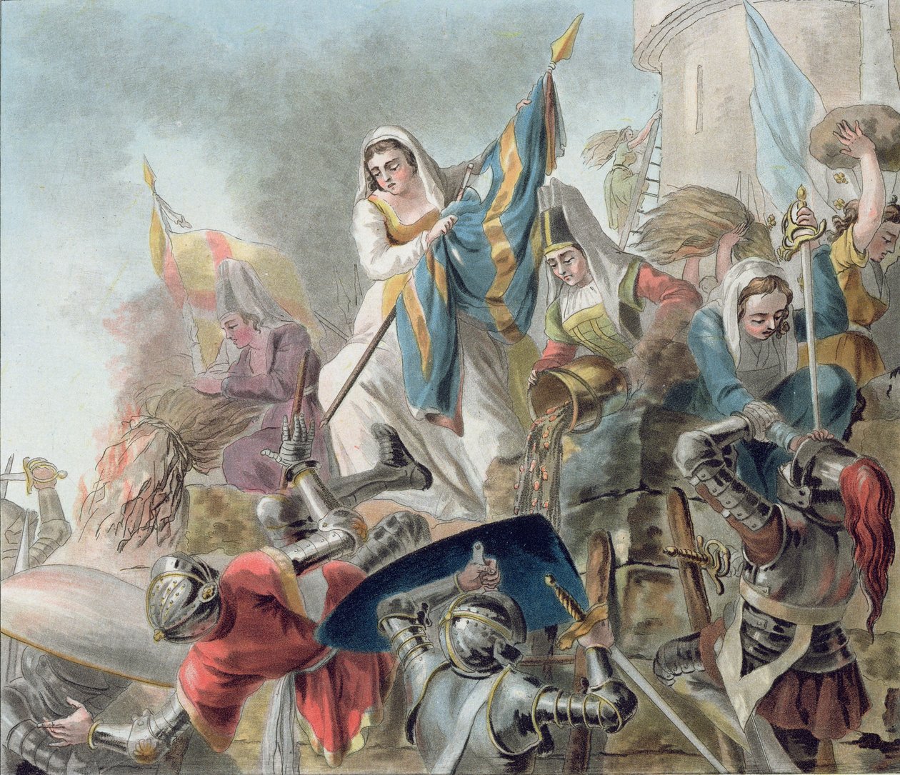 Jeanne Laisne rejser en standard mod mændene i Bourgogne, indgraveret af Morret (fl. 1790-1820) 1787 af Antoine Louis Francois Sergent Marceau