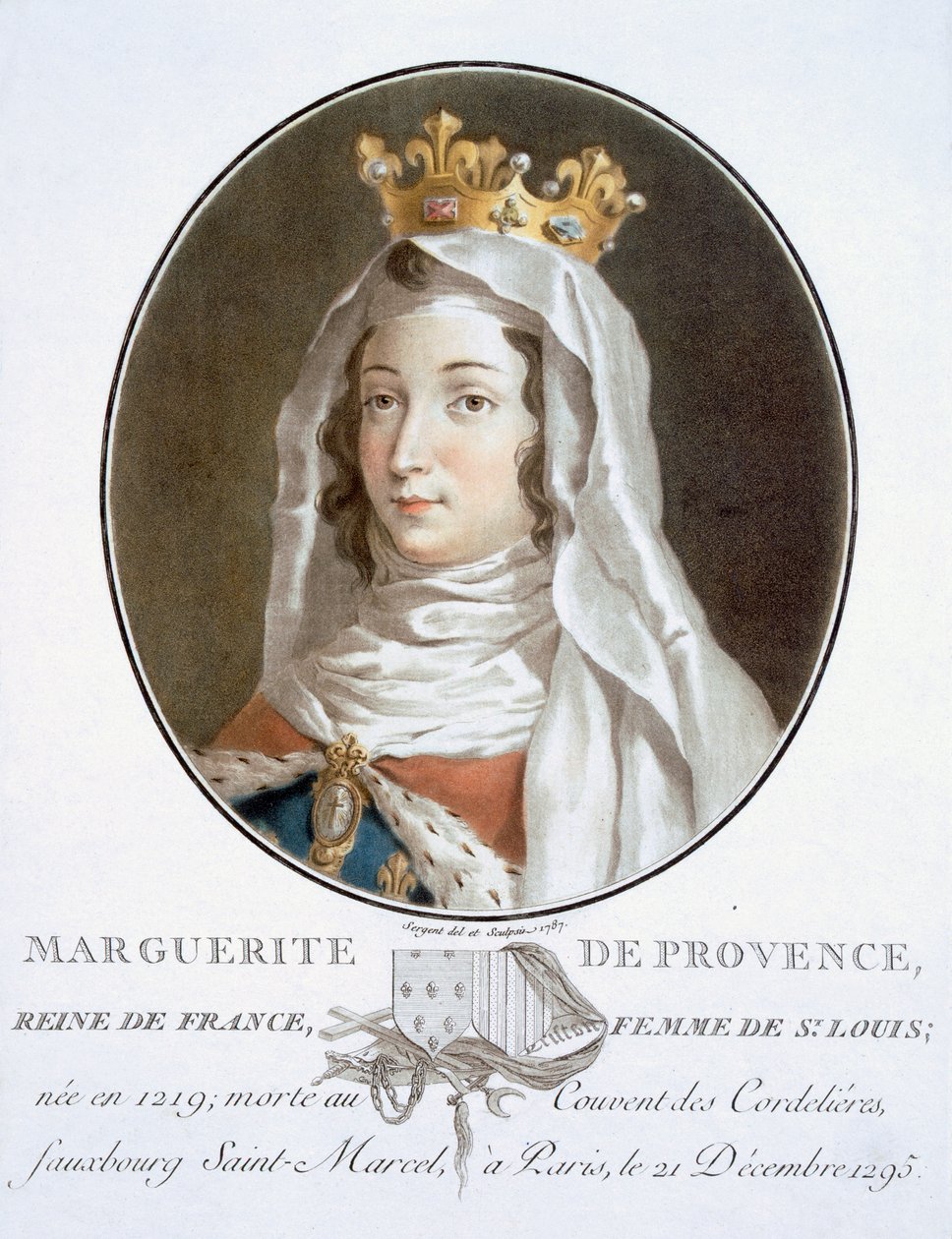 Marguerite de Provence, fra Portrætter af store mænd, berømte kvinder og mindeværdige motiver fra Frankrig, indgraveret og trykt i farver, udgivet af Pierre Blin, 1786-92, Paris (farvegravering) af Antoine Louis Francois Sergent Marceau