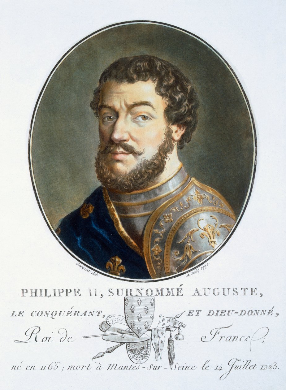 Philippe II Auguste, fra Portraits des grands hommes, femmes illustres, et sujets memorables de France, grave et imprimes en couleurs, udgivet af Pierre Blin, 1786-92, Paris (farvestik) af Antoine Louis Francois Sergent-Marceau