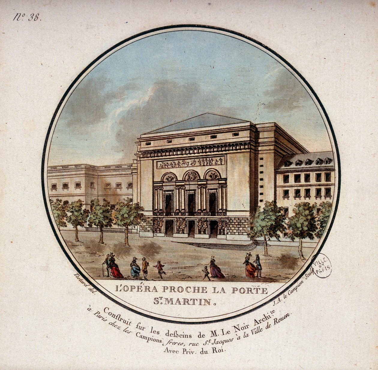 Operaen bygget i henhold til tegningerne af arkitekten Le Noir nær Porte Saint Martin i Paris i dag teateret i Porte Saint Martin. I prittoresque udsigt over hovedbygningerne i Paris af sergent af Antoine Louis Francois Sergent Marceau