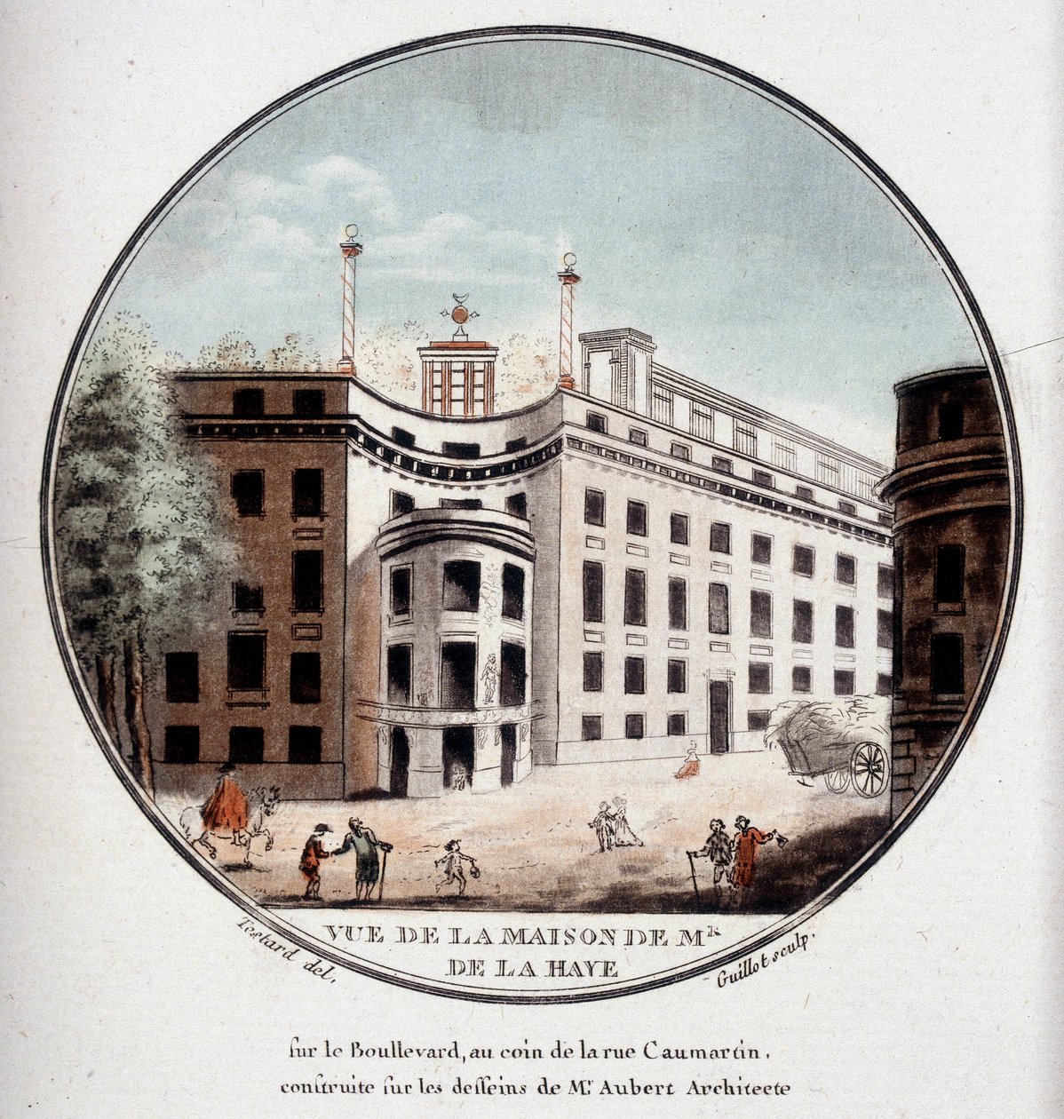 Udsigt over Monsieur de La Hayes hus på hjørnet af Rue Caumartin, Paris, bygget efter tegninger af arkitekt Aubert. I pittoresque udsigt over hovedbygningerne i Paris af sergent af Antoine Louis Francois Sergent Marceau
